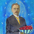 Man with Blue Bowl of Apples with Bees